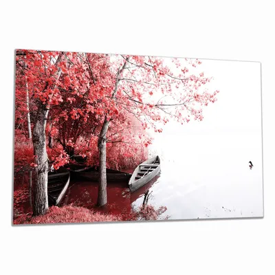 Produktbild von Wallario Herdabdeckplatte aus Glas, Größe 90 x 52 cm 1-teilig, Motiv Romantische Bootsanlegestelle in rot-weiß