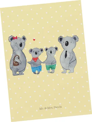 Produktbild von Mr. & Mrs. Panda Ansichtskarte Koala Familie zwei - Gelb Pastell - Geschenk, Zusammen, Postkarte, Grußkarte, Ansichtskarten, bildkarte, Postkarten, Kunstkarten, Muttertag