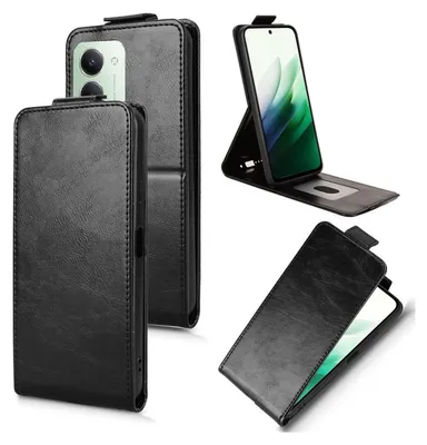 A collage of images showing a black flip case for a smartphone, with the phone inserted in some views.