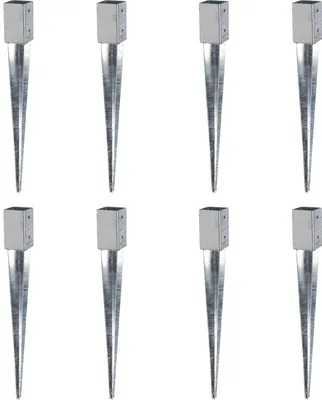 A grid of eight identical metal ground sleeves for wooden posts, arranged in two rows of four.