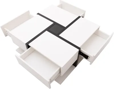 Produktbild von Merax Hochglanz-Couchtisch mit versteckten Schubladen, Beistelltisch mit geometrische Design, hochglänzend mit Sockel, Wohnzimmetisch Weiß & Schwarz