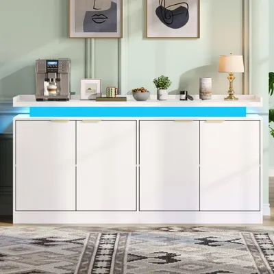 Produktbild von Flieks Sideboard mit 4 Türen, LED-Beleuchtung und viel Stauraum für Esszimmer und Wohnzimmer, Küchenschrank, Standschrank 160x39x83cm, Weiß