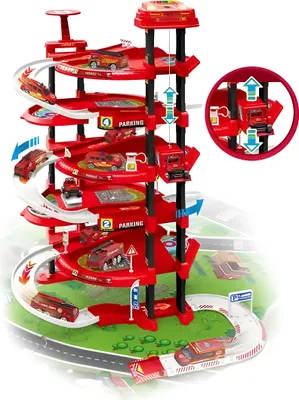 Produktbild von Kindergarage mit 5 Etagen – Feuerwehrstation, 82 Teile, 2 Autos, ein Hubschrauber