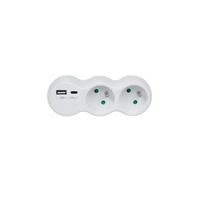 A white power strip with two outlets and a USB port on a white background.