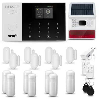 Produktbild von HUXGO HXA005 Alarmanlage Haus WiFi + GSM 2G mit Funksirene Alarm System mit 7x Bewegungssensor und 7x Tür- Fenstersensor, Alarmanlage für Wohnung, Haus, Garage, Tuya Smartlife App