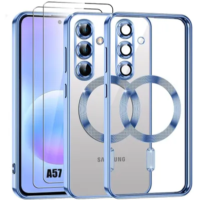 Image de Coque + 2 Verres Trempés pour Samsung Galaxy A57 5G, Protection avec Cercle Magnétique Contour Bleu