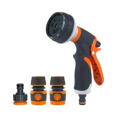 Produktbild von Gartenbrause - 8 Sprühmuster - Inkl. 3 Anschlüsse - einstellbarer Wasserdurchfluss - für Autowäsche, Gartenbewässerung und Gartenschlauchanschluss