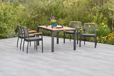 Produktbild von Merxx Gartenmöbel Set Tilos 9tlg., 4 Stapelsessel inkl. Kissen, Ausziehtisch 150 (200) x 90 cm- Aluminium/Akazie