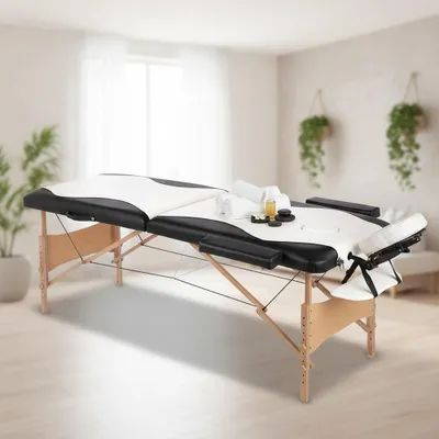 Produktbild von Massageliege 2?Zonen Holzgestell klappbar höhenverstellbar Weiß/Schwarz