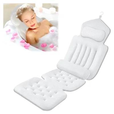 Produktbild von Ganzkörper-Badekissen für die Badewanne mit Nacken- und Lendenstütze, Badewannenmatte mit Kopfstütze zur Unterstützung von Nacken und Rücken für Entspannung und Stressabbau in Weiß
