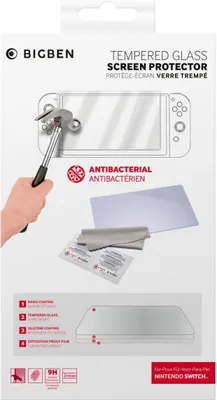 The image shows the packaging of a Nintendo Switch screen protector, with a hand holding a hammer about to strike a screen protector on a Nintendo Switch.