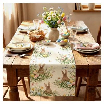 Produktbild von Tischläufer zu Ostern mit Hasen, Blumen und Eiern, waschbare Frühlingsdekoration für Küche und Esstisch, für drinnen und draußen, Ostergeschenke, 140x40 cm