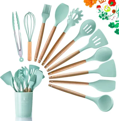 Produktbild von Premium Silikon Kochutensilien Set, Hitzebeständig mit Holzgriffen, BPA-freie und ungiftige Silikon Kochutensilien, für antihaftbeschichtetes Kochgeschirr, Grün, 11-teilig