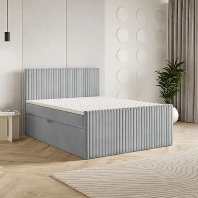 Produktbild von Masseno Boxspringbett TERVAN 160x200 cm Komplett-Set mit Bonell Matratze und Topper, Polsterbett mit Bettkästen -Hellgrau, PAROS 05
