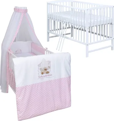Produktbild von Baby-Delux Babybett Kinderbett Gitterbett Milo Weiß 120x60 Komplett Bettset 10-tlg mit Stickerei Twinkle Star Rosa
