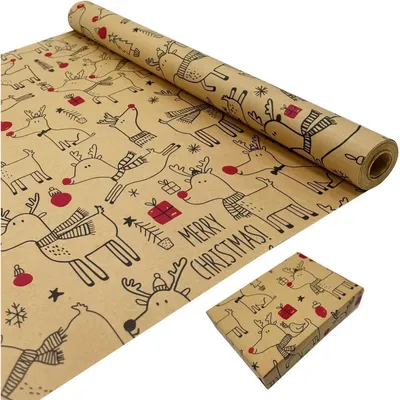 Immagine prodotto di Carta da regalo a tema renna, realizzata in carta kraft, dimensioni 43 cm x 15 m, riciclabile