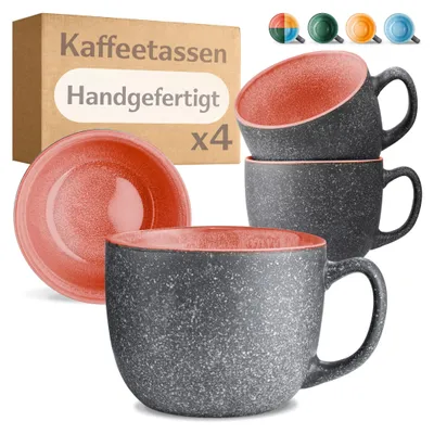 Produktbild von Cosumy Kaffeetassen 4er Set aus Keramik - 350ml – 𝗗𝗶𝗰𝗸𝘄𝗮𝗻𝗱𝗶𝗴𝗲𝘀 Steingut, Tassen mit Handgefertigter Reaktiver Glasur - Hält Lange Warm (Rot)
