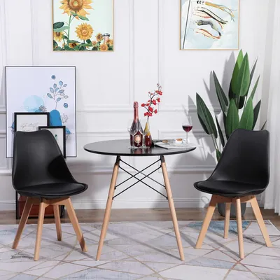 Productafbeelding van Eetset met ronde tafel en 2 stoelen, zwart MDF, 80x80x75 cm
