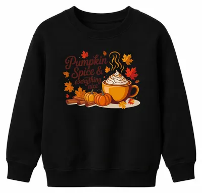 Imagen del producto de Camiseta de cuello redondo para niños, diseño "Pumpkin Spice Latte" (café con especias de calabaza), con motivos de otoño, café, canela, calabaza. Color: negro. Talla: 116