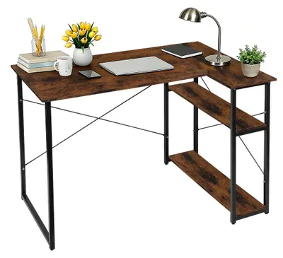 Image de Bureau avec espace de rangement - Bureau informatique - 2 étagères réversibles - Structure en métal - Plateau en bois - Pour 2 personnes - Couleur rétro