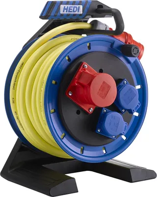 Produktbild von HEDI Drehstrom Kabeltrommel Generation 7 Companion (ø 250 mm, 20 m Panzerkabel, CEE Anschlussstecker / 2x Schutzkontakt-Steckdosen 1x spritzwassergeschützte CEE-Steckdose) K7AD2016U2T
