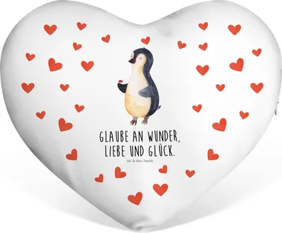 Produktbild von Mr. & Mrs. Panda Sofakissen Pinguin Marienkäfer - Weiß - Geschenk, Herzkissen Geburtstag, dekoartikel, Glück, Kuschelkissen, Dekokissen, Liebe, Aufmerksam, Kleine Wunder