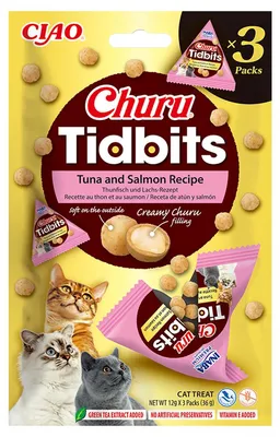 Obrázek produktu pro Inaba Cat Churu Tidbits Tuňák a losos 3x12g kočičí pamlsky s tuňákem a lososem