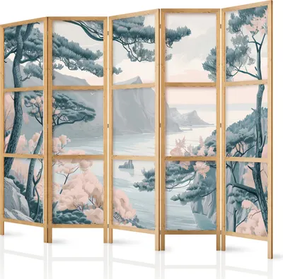 Obrázek produktu pro Japonský paraván Krajina 225x172 cm 5dílný šedý