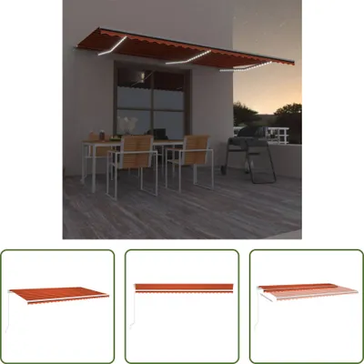 Productafbeelding van De Living Store markies, handmatig uitrolbaar, met LED-verlichting, afmetingen 600x300 cm, in de kleuren oranje en bruin