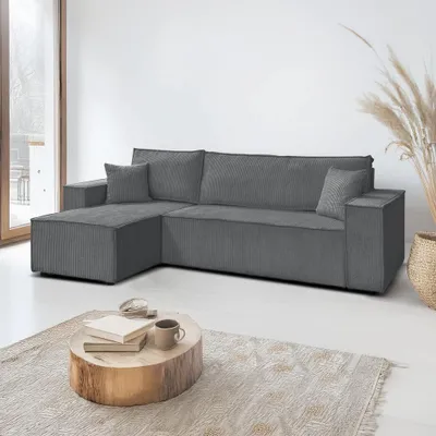 Produktbild von Ecksofa Lea, Wohnzimmer, modernes Schlafsofa Sofa 4-Sitzer Sofa freistehendes Polstersofa Bettkasten 247 cm universelle Ottomane Grau Poso 34