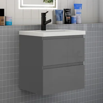 Produktbild von Badmöbel Set HUTI-Serie 50cm Mineralguss Waschbecken mit Unterschrank Badezimmermöbel mit 2 Schubladen Hochglanz Dunkelgrau Hängeschrank