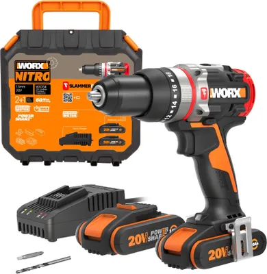 A cordless drill, two batteries, a charger, and a carrying case are displayed against a white background.