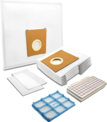 A collection of vacuum cleaner bags and filters arranged on a white background.
