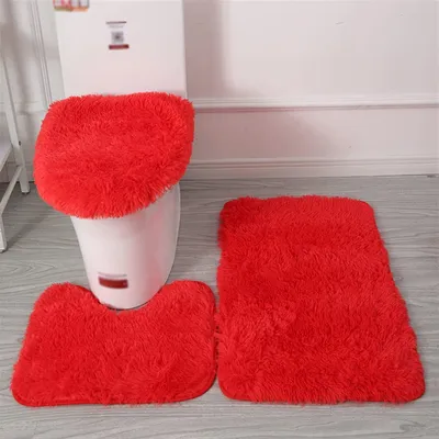 Produktbild von Badteppich Set 3 Teiliges, rutschfeste Shaggy Badematte, Flauschig Contour Badteppich, Langflor Toilettensitzbezug Rot