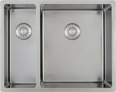 A top-down view of a stainless steel double sink with drains.