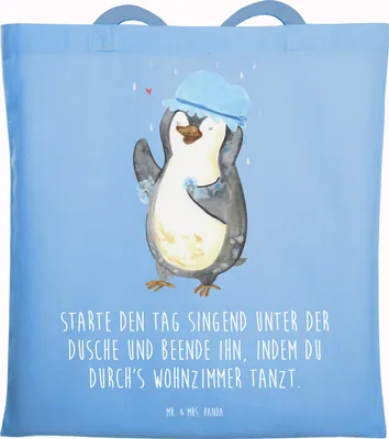 Produktbild von Mr. & Mrs. Panda Schultasche Pinguin Duschen - Sky Blue - Geschenk, Dusche, Duschkonzert, Tasche, Singen, Stoffbeutel, Shopping, Laptoptasche, Neuanfang, Neustart, Uni
