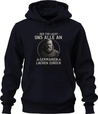 Produktbild von Wikinger Spruch Der Tod lacht uns alle an Lustig Spruch Valhalla Uni Hoodie Kapuzenpullover, Navy, S