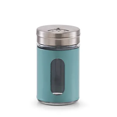 A teal spice shaker with a silver lid and a clear window is shown against a white background.