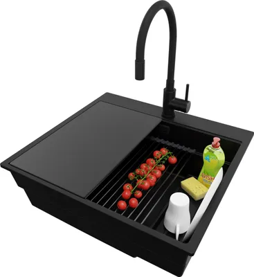 Produktbild von PRIMAGRAN Granitspüle Alles Schwarz 58x53cm, Spülbecken 1 Becken + Ablauf-Set + Küchenzubehörset, Küchenspüle ab 60er Unterschrank - Oslo Max