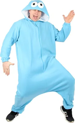 A person wearing a blue monster costume.