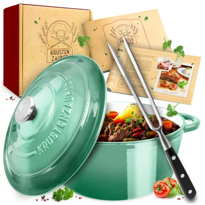 Produktbild von KRUSTENZAUBER Gusseisen Topf 26cm inkl. Fleischgabel - Backofengeeignet, Bräter mit Deckel, Induktion, Emaille Topf