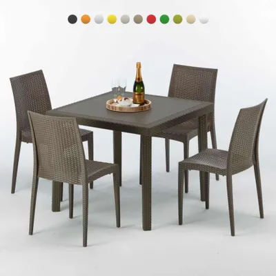 Produktbild von Poly Rattan Tisch Quadratisch mit 4 Bunten Stühlen 90x90 Braun Brown Passion