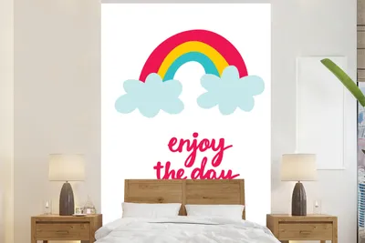Produktbild von MuchoWow® Fototapete für Wohnzimmer oder Schlafzimmer Wandtapete Vinyl Motivtapete Illustration mit dem Zitat "Enjoy the day" und einem Regenbogen - 225x350 cm - Schlafzimmer tapete