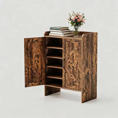 Immagine prodotto di Armadio per scarpe - Mobiletto per l'ingresso - 5 ripiani - Ante in legno - Ripiani interni regolabili - 37 x 68 x 90 cm - Legno naturale