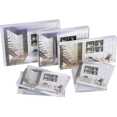 Several clear acrylic photo frames are arranged on a white background, displaying architectural renderings of a staircase and interior.