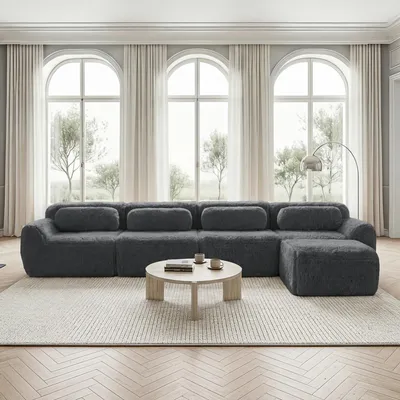 Productafbeelding van Bank met 4 zitplaatsen, in L-vorm, modulair, zonder montage nodig, bekleed met pluche, chaise longue, zeer elastisch (grijs)