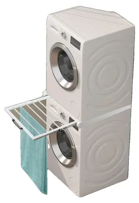 Produktbild von Waschmaschinenhalterungs-Stapelkit, Stahl- und Aluminiumlegierung, Maximalbelastung 100 kg, verstellbares Regal 55–89 cm, Abmessungen 61 x 55 x 7,5 cm, platzsparendes Design