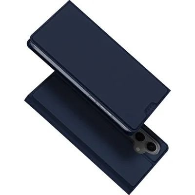 A dark blue flip case for a smartphone, shown from a diagonal angle with the flip cover open.