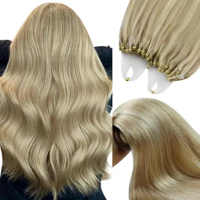 Produktbild von Microring Extensions Echthaar Blond 45 cm Aschblond mit Platinblond Highlights 50g