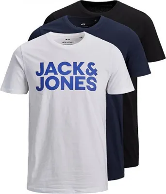 Produktbild von JACK&JONES Herren T-Shirt, 3er Pack - JJECORP LOGO TEE O-NECK, Logo-Print, Baumwolle Weiß/Marineblau/Schwarz M
